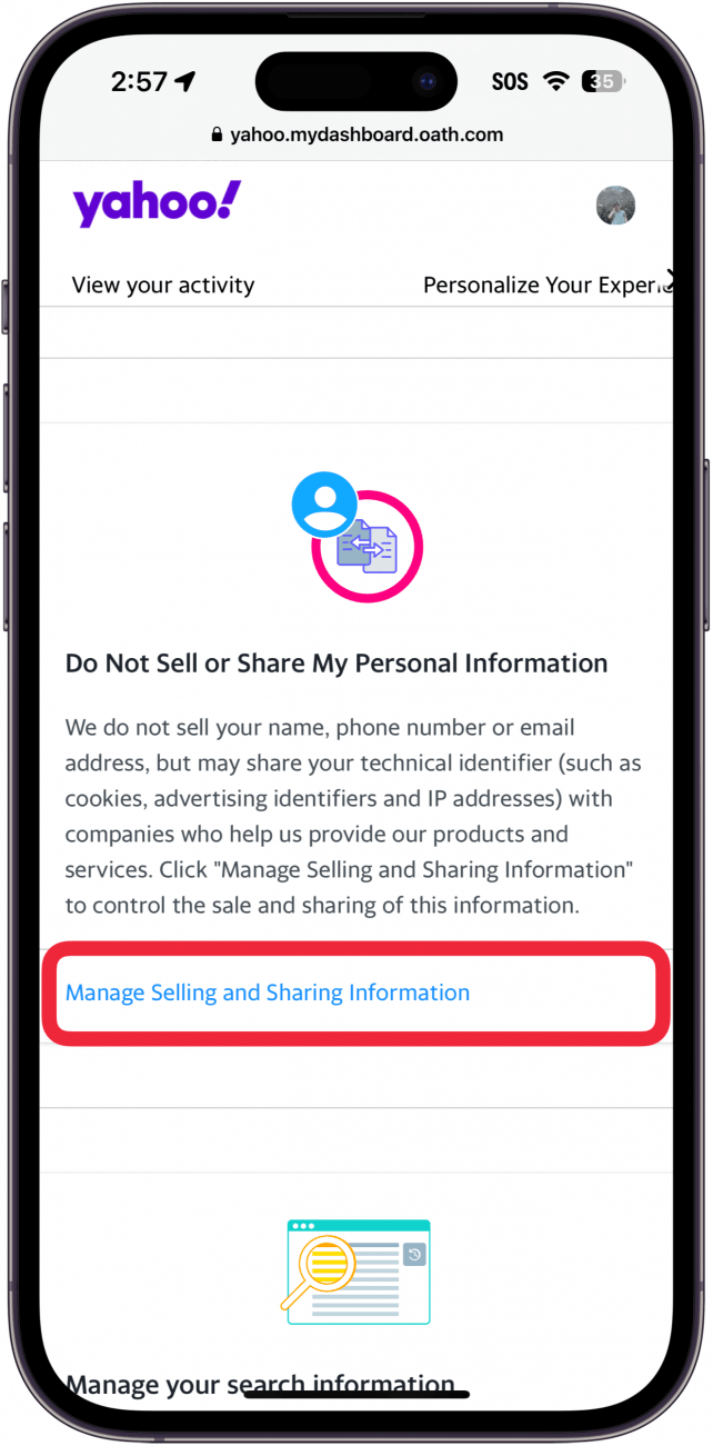 definições de privacidade da aplicação de correio eletrónico do iphone yahoo com uma caixa vermelha à volta do botão Gerir a venda e partilha de informações