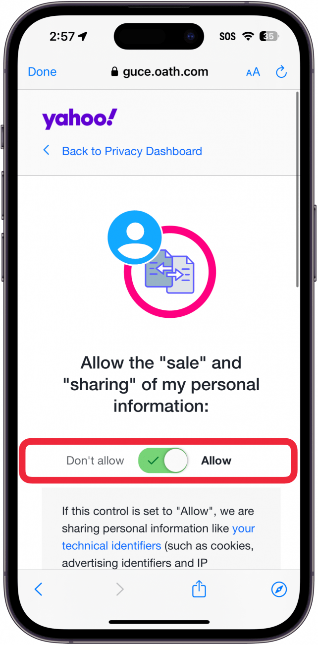 Настройки на приложението iphone yahoo mail Manage Selling and Sharing Information (Управление на продажбата и споделянето на информация) с червено поле около зелен превключвател, който позволява продажбата на лична информация на потребителя
