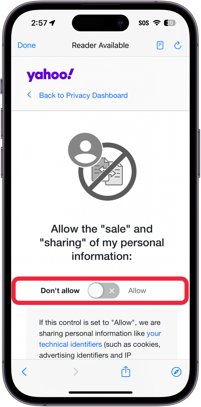 aplicação de correio yahoo para iphone Gerir definições de venda e partilha de informações com uma caixa vermelha à volta de um botão cinzento, indicando que a venda de informações do utilizador já não é permitida