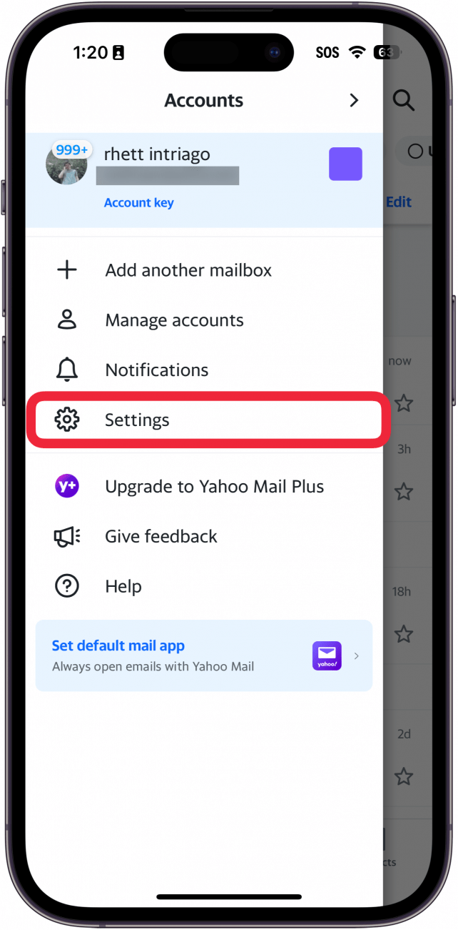 aplicação yahoo mail para iphone com uma caixa vermelha à volta do botão de definições