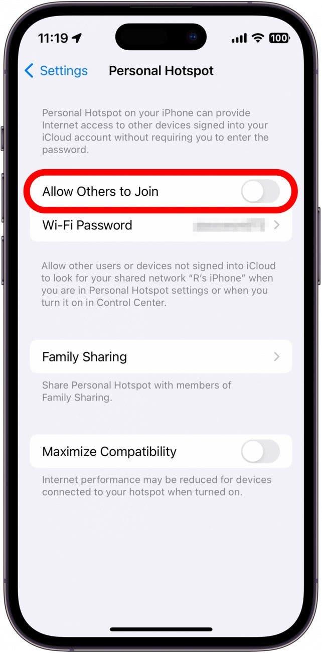 Réglages du hotspot de l'iphone avec l'option Autoriser les autres à se connecter entourée en rouge
