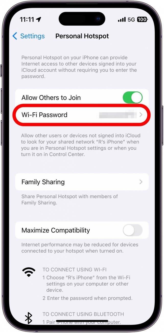 Impostazioni hotspot iPhone con password cerchiata in rosso