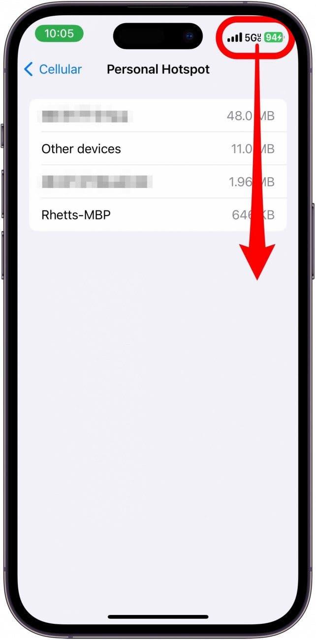 skjermbildet for bruk av mobildata for personlig hotspot på iPhone viser en liste over enheter som er koblet til hotspot, med en rød pil som peker nedover fra øverste høyre hjørne, noe som indikerer at du kan sveipe nedover og åpne kontrollsenteret.