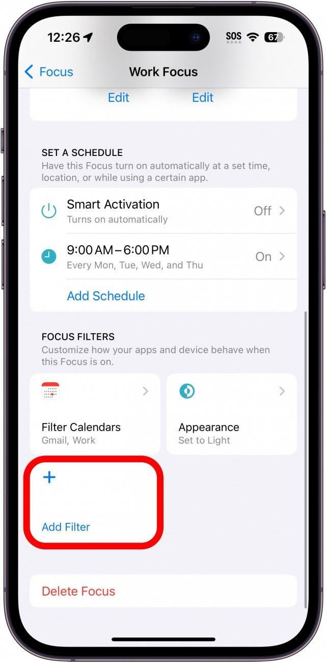 ajustes de enfoque de trabajo del iphone con el botón de añadir filtro rodeado en rojo