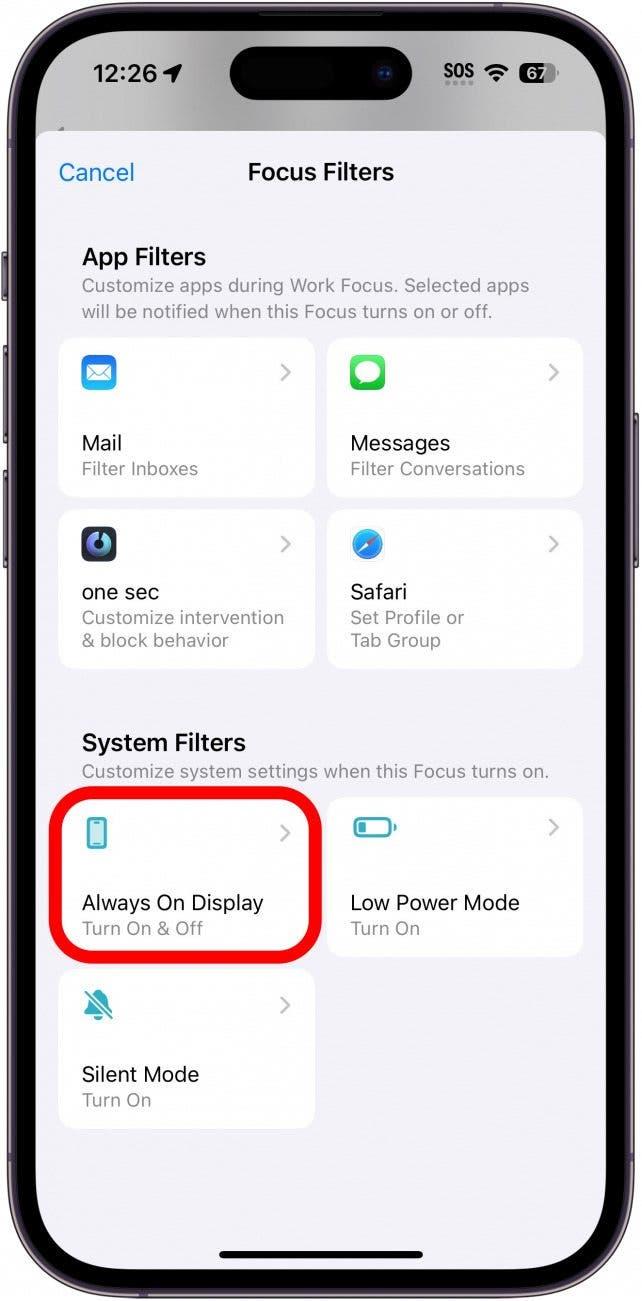 iphone fokusfilterinnstillinger med filteret alltid på skjermen innringet i rødt