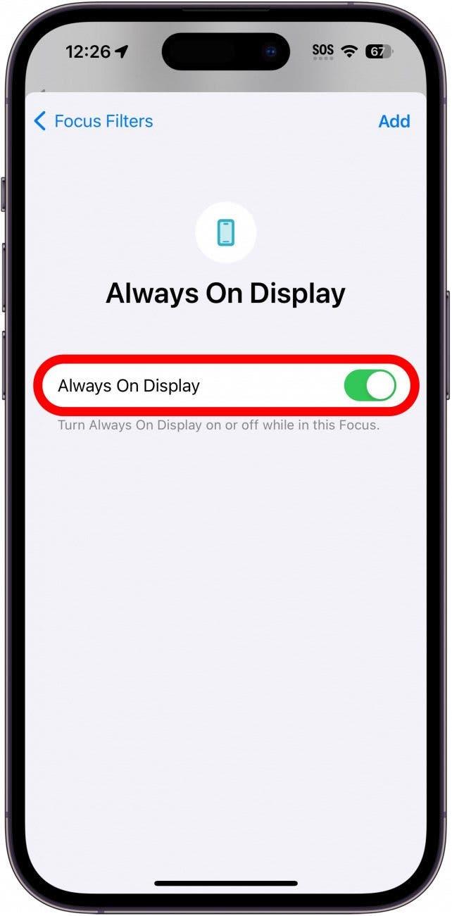 ajustes del filtro de enfoque siempre visible del iphone con el interruptor siempre visible rodeado en rojo
