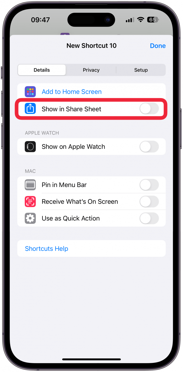 Activez l'option Afficher dans la feuille de partage, puis appuyez sur Terminé.