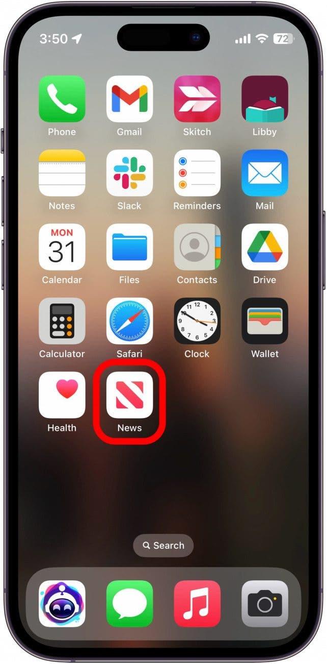 Écran d'accueil de l'iphone avec l'application Actualités entourée en rouge