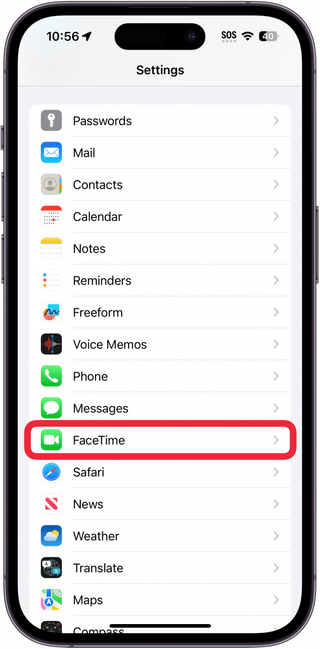aplicação de definições do iphone com uma caixa vermelha à volta do facetime