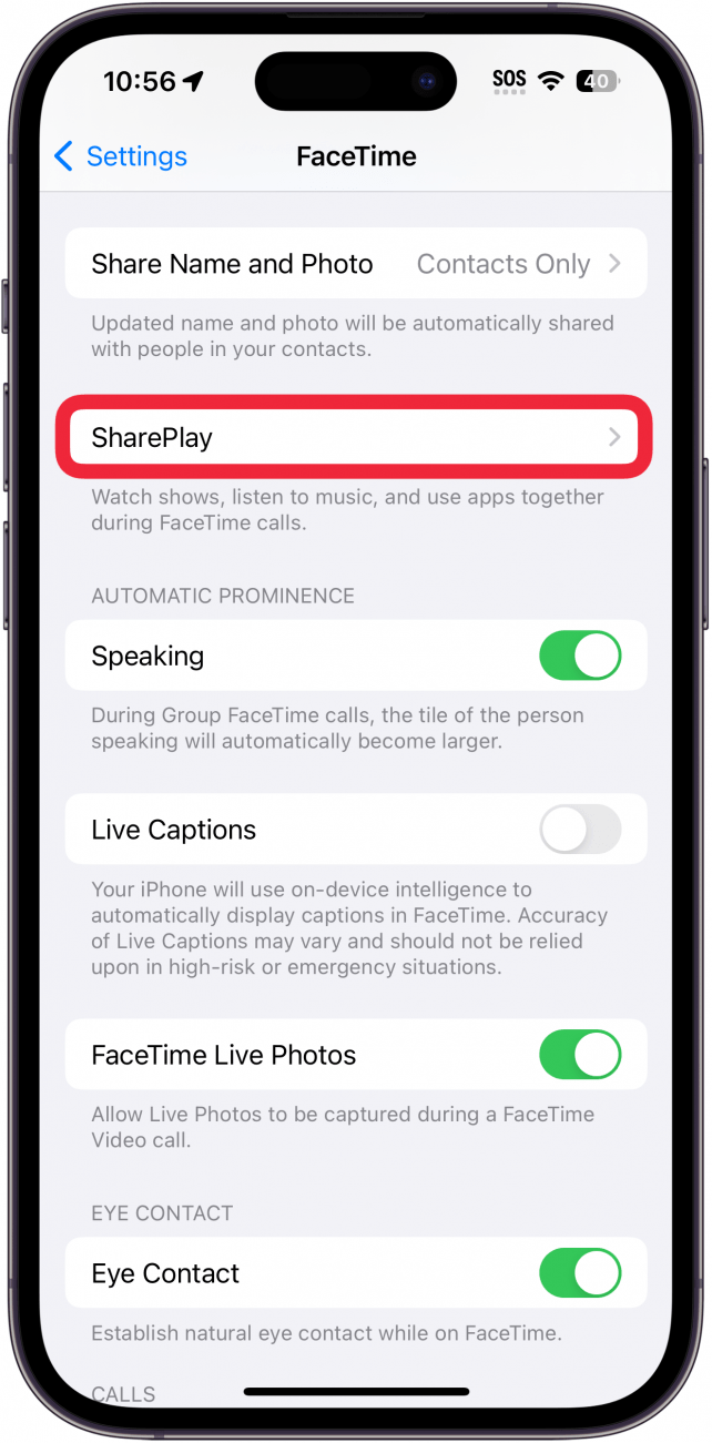 Réglages de Facetime sur iPhone avec un cadre rouge autour de SharePlay