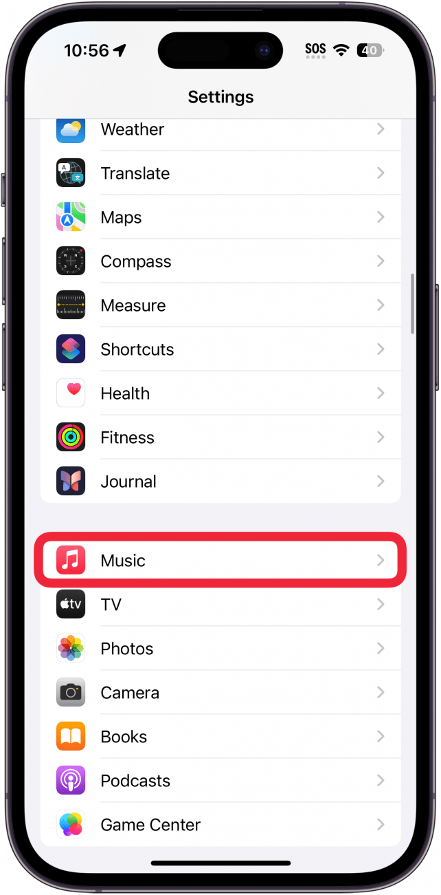 iphone-Einstellungen mit einem roten Kasten um die Musik