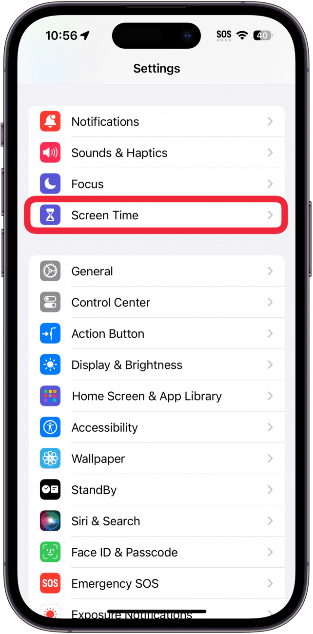 Réglages de l'iphone avec un encadré rouge autour du temps d'écran