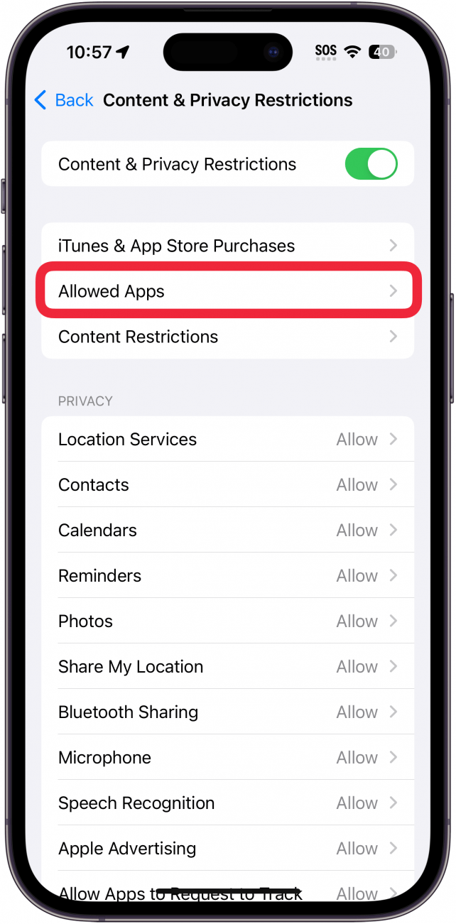 허용된 앱 주위에 빨간색 상자가 있는 iPhone 화면 시간 콘텐츠 및 개인 정보 보호 제한 설정