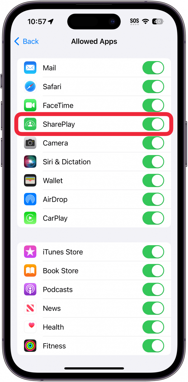 iphone schermtijd inhoud en privacy beperkingen instellingen met een rood vak rond shareplay toggle
