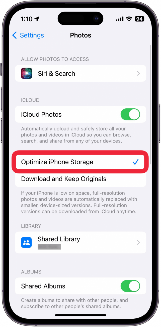 Настройки на снимките в iphone с опцията за оптимизиране на съхранението в iphone, оградена в червено