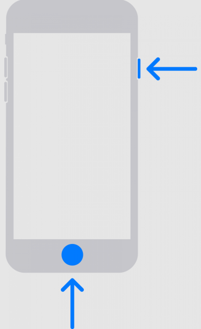 diagrama del iphone 6 con flechas azules apuntando al botón home y al botón lateral