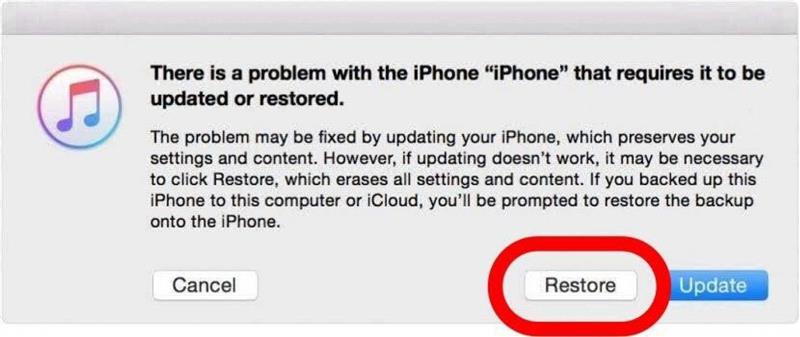 captura de pantalla de itunes/finder preguntando si el usuario desea restaurar este dispositivo con un recuadro rojo alrededor del botón de restauración