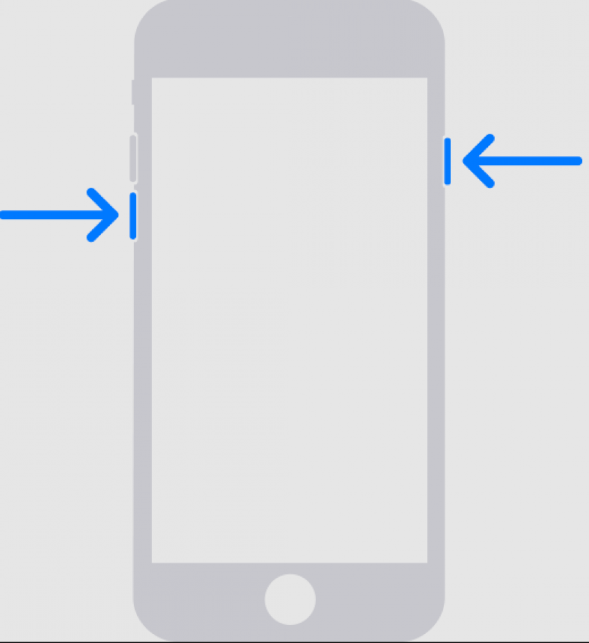 diagramme de l'iphone 7 avec des flèches bleues pointant vers le bouton latéral et le bouton de réduction du volume