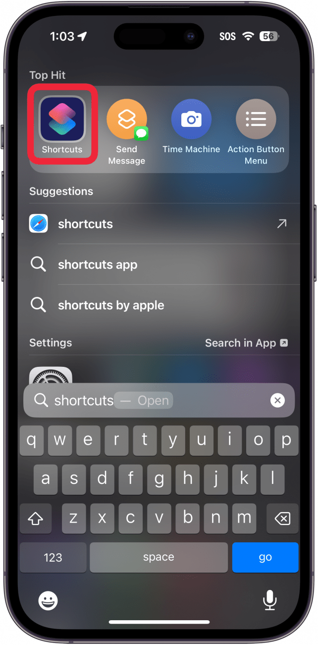 ricerca spotlight iphone con un riquadro rosso intorno all'app scorciatoie