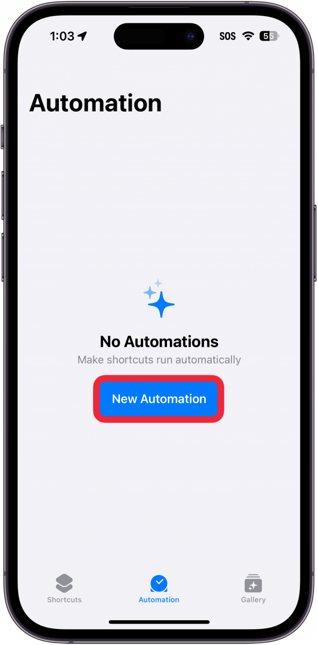 таб "Автоматизации" в приложението за бързи клавиши на iphone с червено поле около нова автоматизация