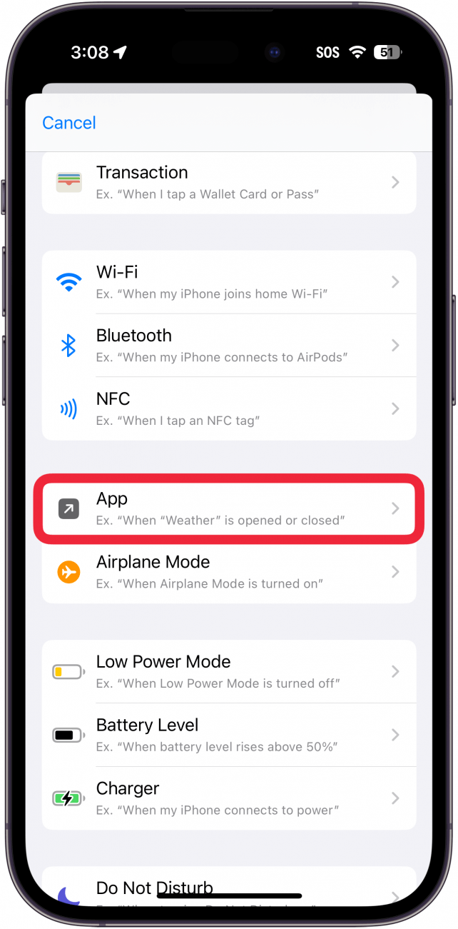 impostazione dell'automazione delle scorciatoie per iphone con un riquadro rosso intorno all'opzione app