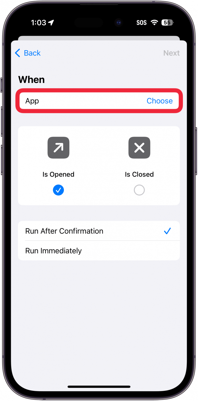 настройка на автоматизацията на приложението iphone shortcuts с червена рамка около бутона за избор