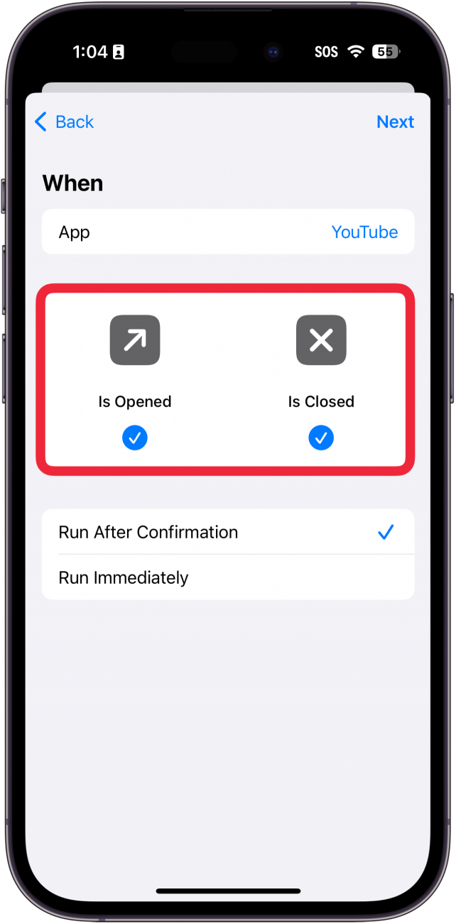 iphone shortcuts app automation set up with a red box around is opened and is closed options