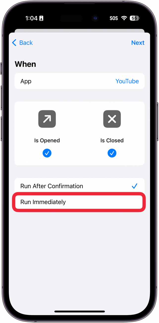 iphone shortcuts app automatisering instellen met een rood vak rond uitvoeren onmiddellijk knop