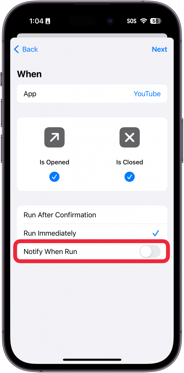 raccourcis iphone automation set up with a red box around notify when run toggle (en anglais)