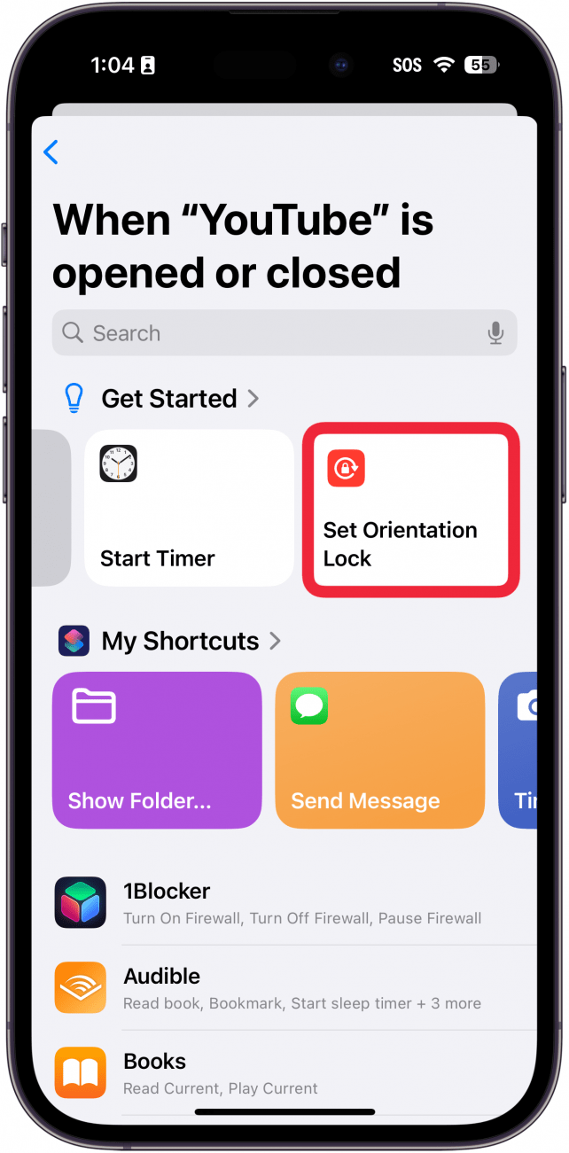 raccourcis iphone app automation set up with a red box around set orientation lock option