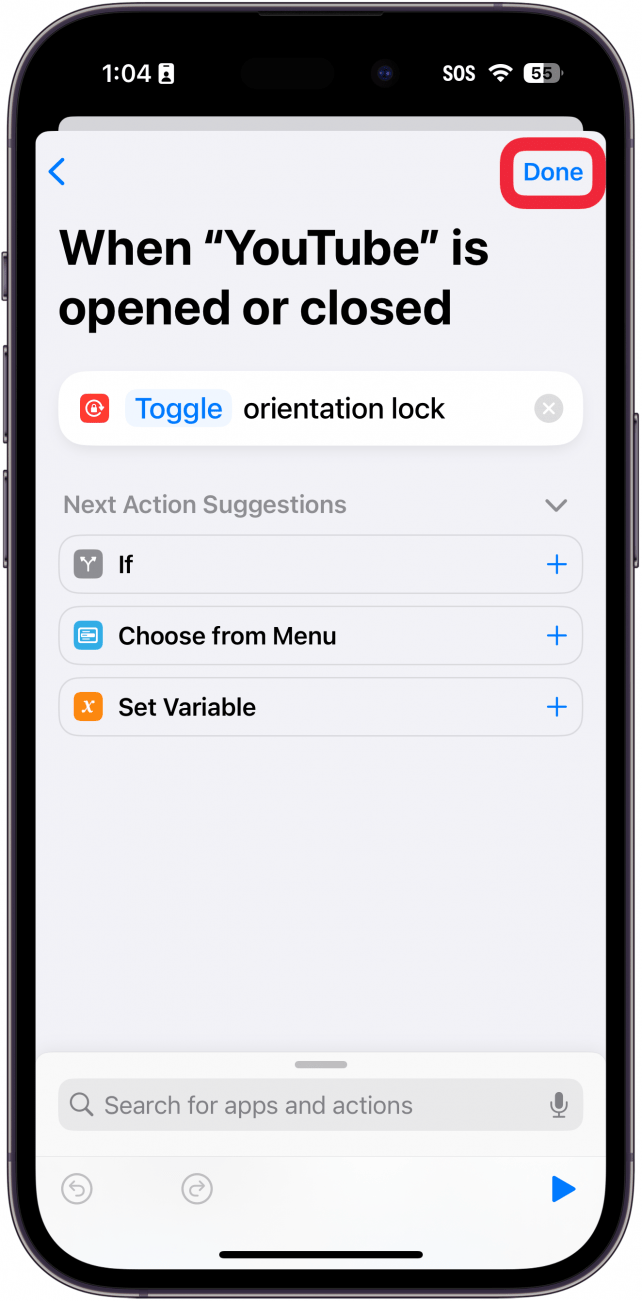 iphone shortcuts app automation einrichten mit einer roten Box um die Schaltfläche done