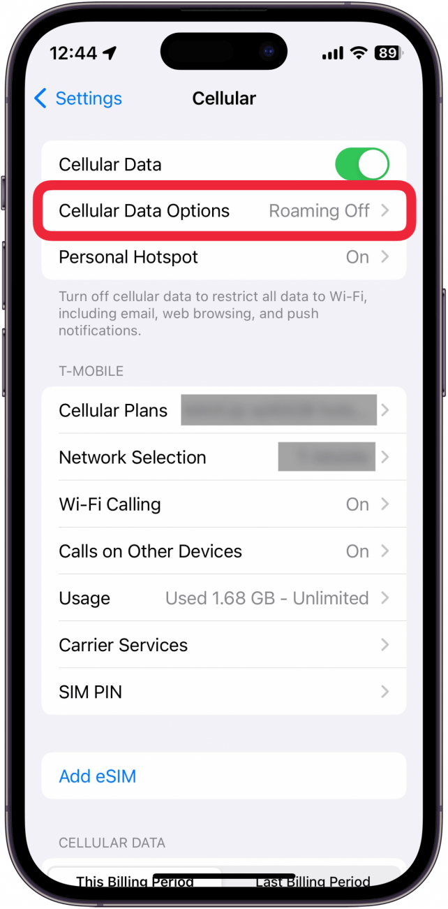 мобилни настройки на iphone с червено поле около опциите за мобилни данни