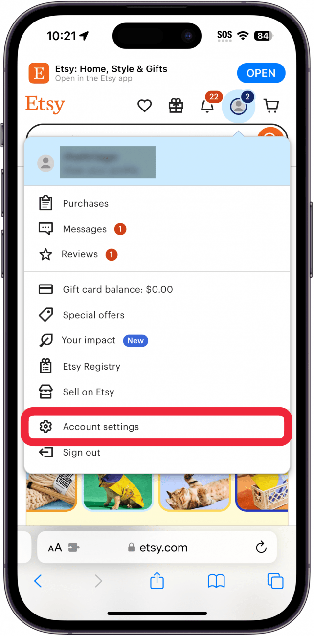 O Safari para iphone apresenta o site da etsy com uma caixa vermelha à volta das definições de conta