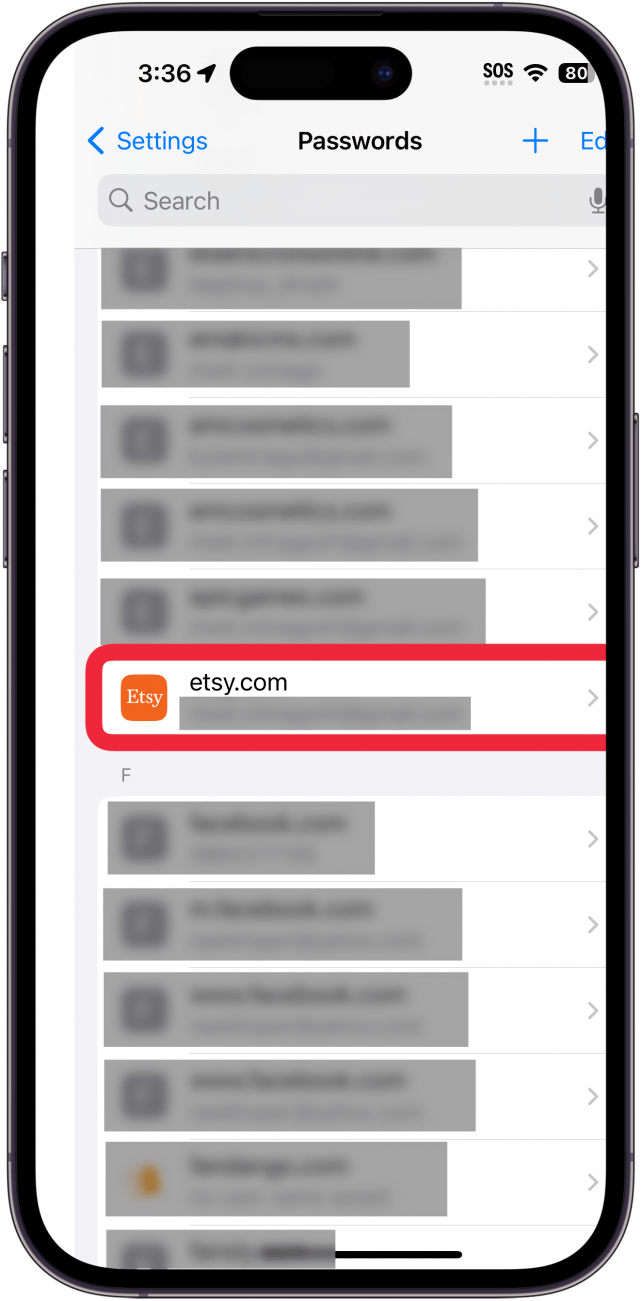 빨간색 동그라미로 표시된 etsy 계정이 있는 iPhone 비밀번호