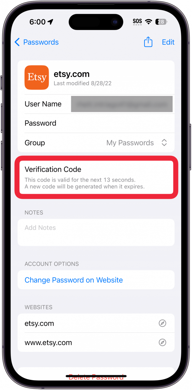 iphone wachtwoorden scherm met etsy account informatie met een rood vak rond verificatie code
