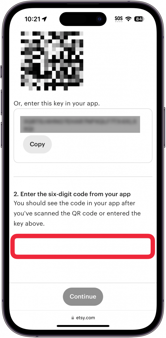 Safari para iphone que apresenta a configuração da autenticação multifactor da etsy com uma caixa vermelha à volta do campo de introdução do código 2fa