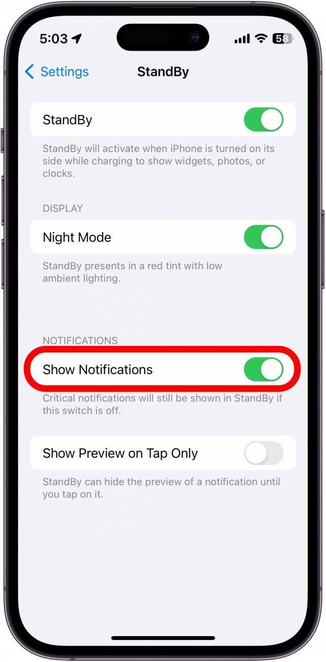 Réglages de veille de l'iPhone avec la bascule d'affichage des notifications encerclée en rouge