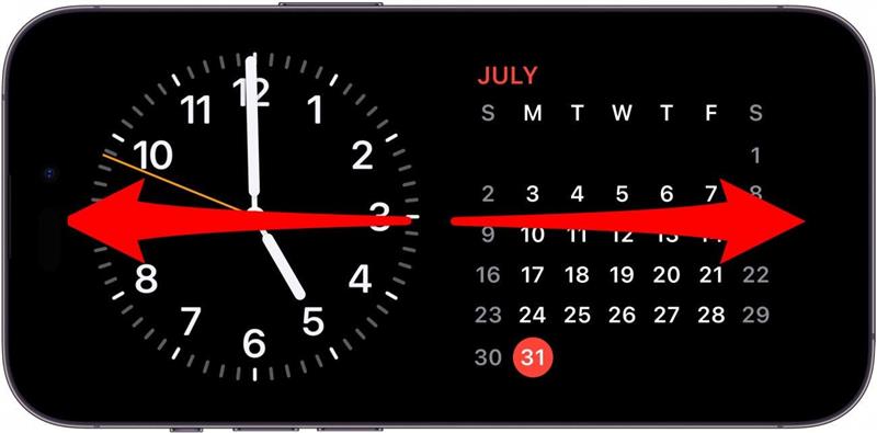 Écran de veille de l'iPhone avec widgets horloge et calendrier, et flèches rouges pointant vers la gauche et la droite, indiquant des glissements vers la gauche et la droite.