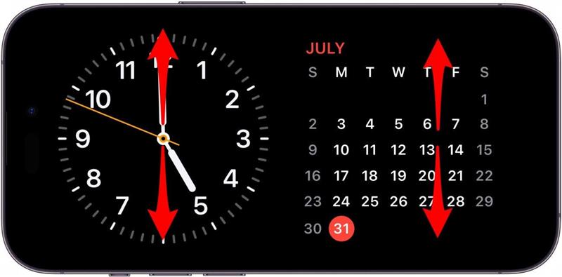 Écran de veille de l'iPhone avec les widgets de l'horloge et du calendrier, avec des flèches rouges vers le haut et vers le bas sur les deux widgets, indiquant de glisser vers le haut ou vers le bas sur les widgets.