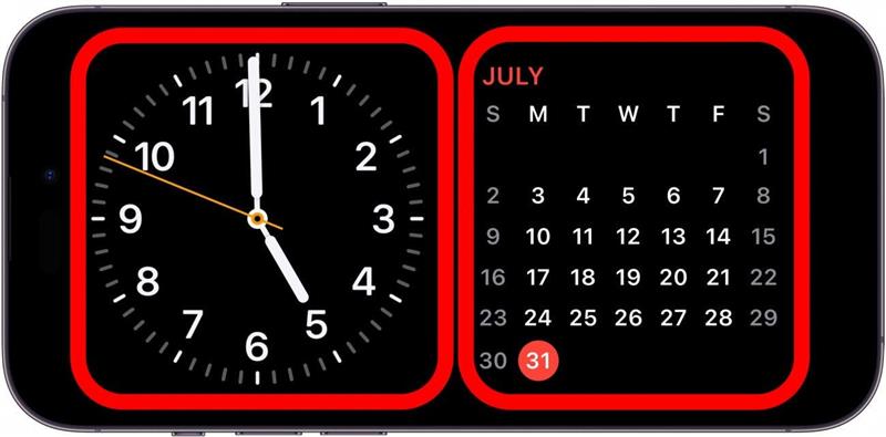 Écran de veille de l'iPhone avec les widgets de l'horloge et du calendrier, avec un cadre rouge autour de chacun d'eux, indiquant qu'il faut appuyer sur l'un ou l'autre et le maintenir enfoncé.