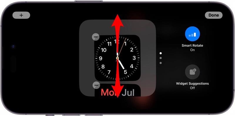 écran des widgets de veille de l'iphone avec des flèches rouges pointant vers le haut et le bas sur la pile de widgets, indiquant de glisser vers le haut ou le bas