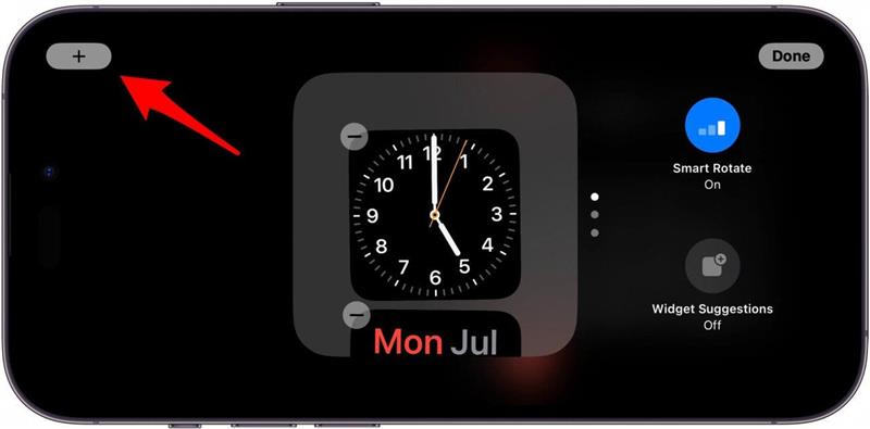 écran des widgets de veille d'iphone avec une flèche rouge pointant vers l'icône plus