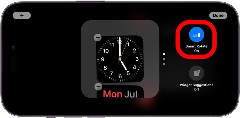 écran des widgets de veille d'iphone avec l'option de rotation intelligente encerclée en rouge