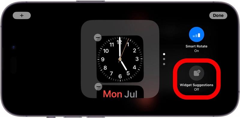 écran des widgets de veille de l'iphone avec l'option de suggestions de widgets entourée en rouge