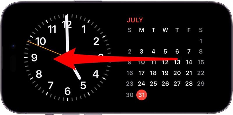 écran de veille de l'iPhone avec des widgets d'horloge et de calendrier, et une flèche rouge pointant vers la gauche sur l'écran, indiquant de glisser vers la gauche sur l'écran