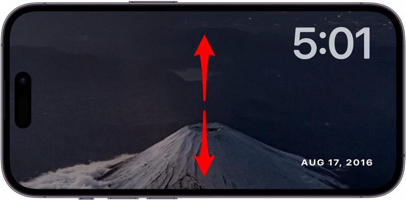 écran de photos en veille de l'iphone avec des flèches rouges pointant vers le haut et le bas, indiquant de balayer l'écran vers le haut ou le bas