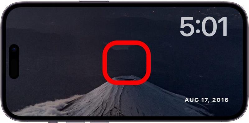 écran de photos en veille de l'iphone avec une boîte rouge au centre de l'écran, indiquant qu'il faut appuyer brièvement sur l'écran et le maintenir enfoncé