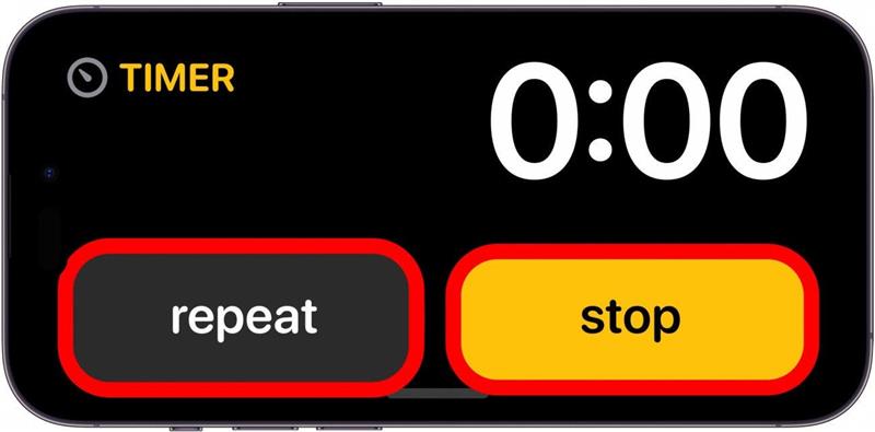 Écran de veille de l'iPhone affichant une minuterie à 0 avec les boutons de répétition et d'arrêt entourés de rouge