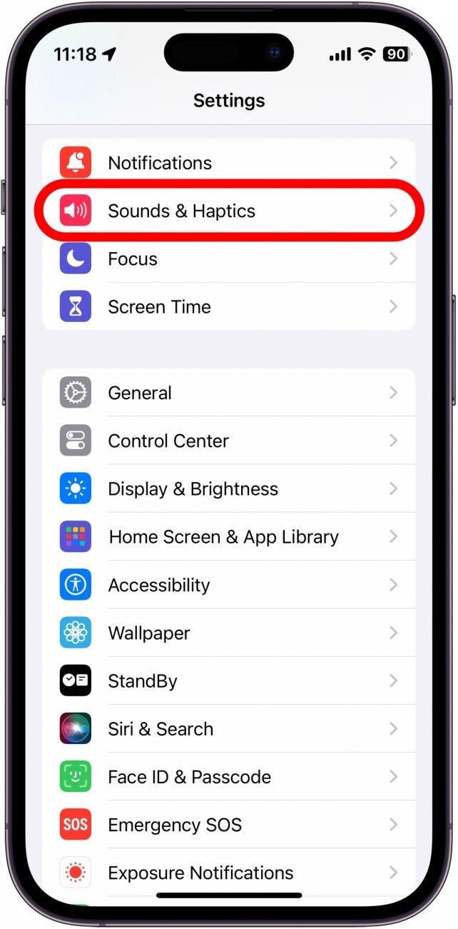 pantalla de ajustes del iphone con sonidos y hápticos rodeados en rojo