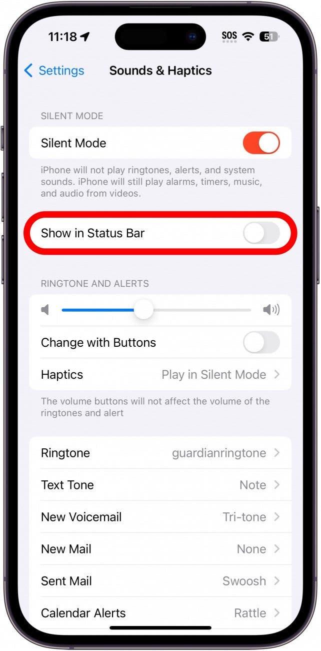 iphone 15 geluiden en haptiek instellingen met statusbalk icoon rood omcirkeld